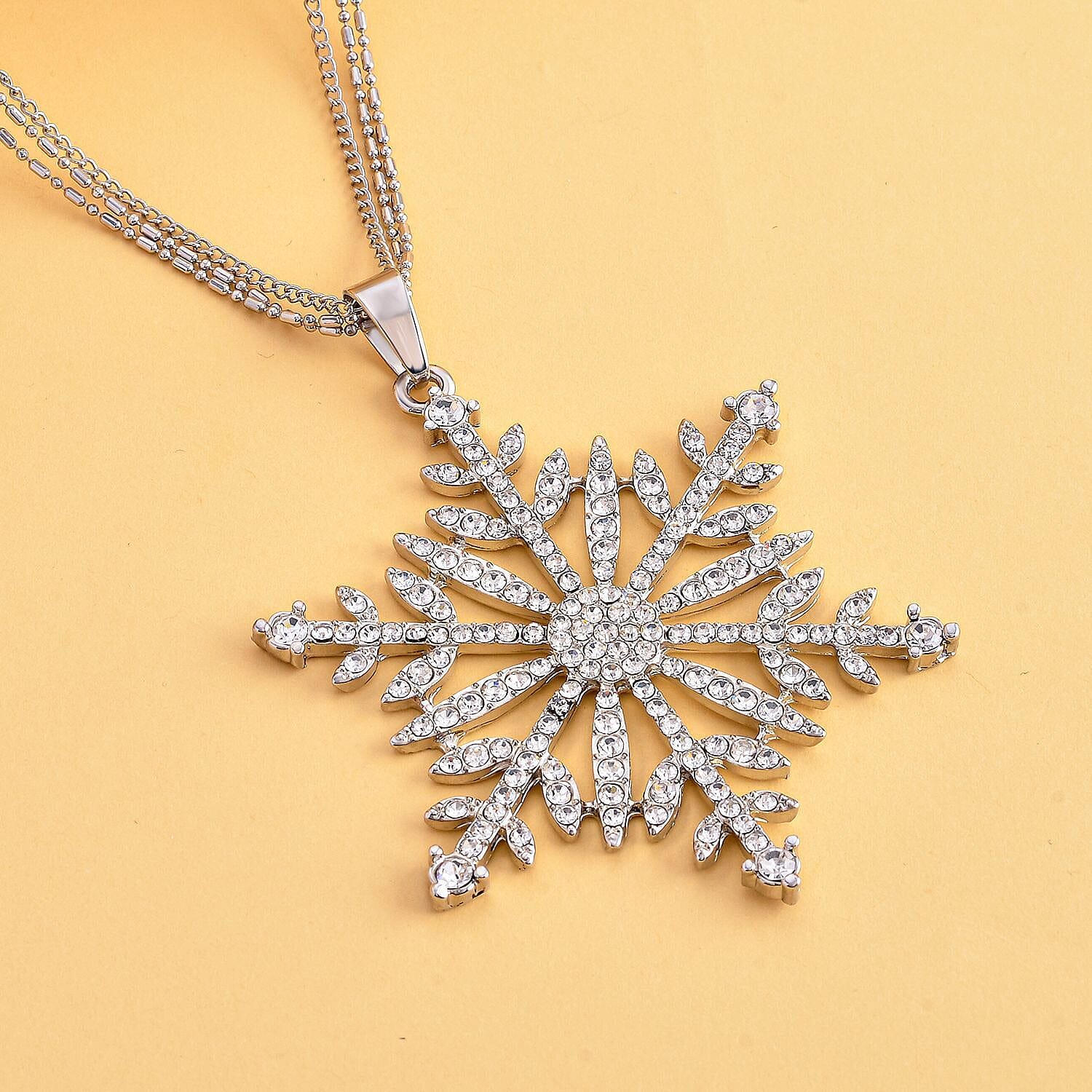 White Austrian Crystal Snowflake Pendant with Chain (28 With 2.5 Inch Extender) in Silver Tone