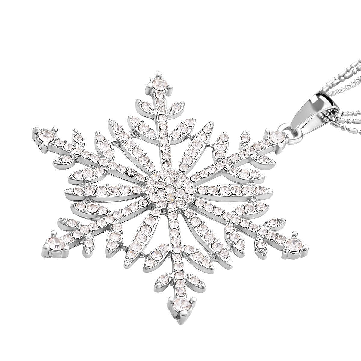 White Austrian Crystal Snowflake Pendant with Chain (28 With 2.5 Inch Extender) in Silver Tone