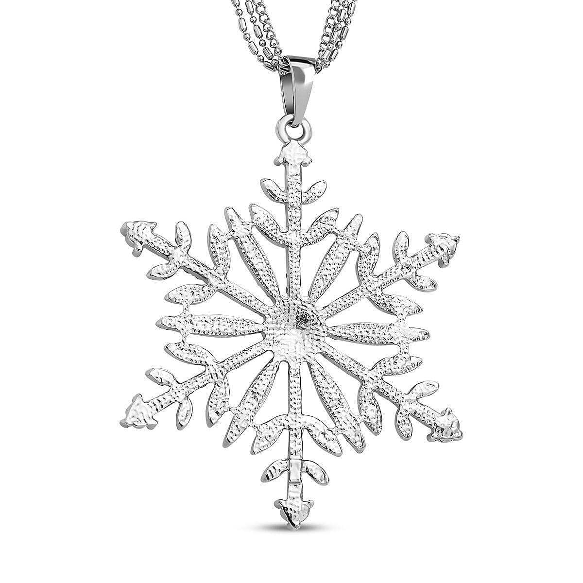 White Austrian Crystal Snowflake Pendant with Chain (28 With 2.5 Inch Extender) in Silver Tone