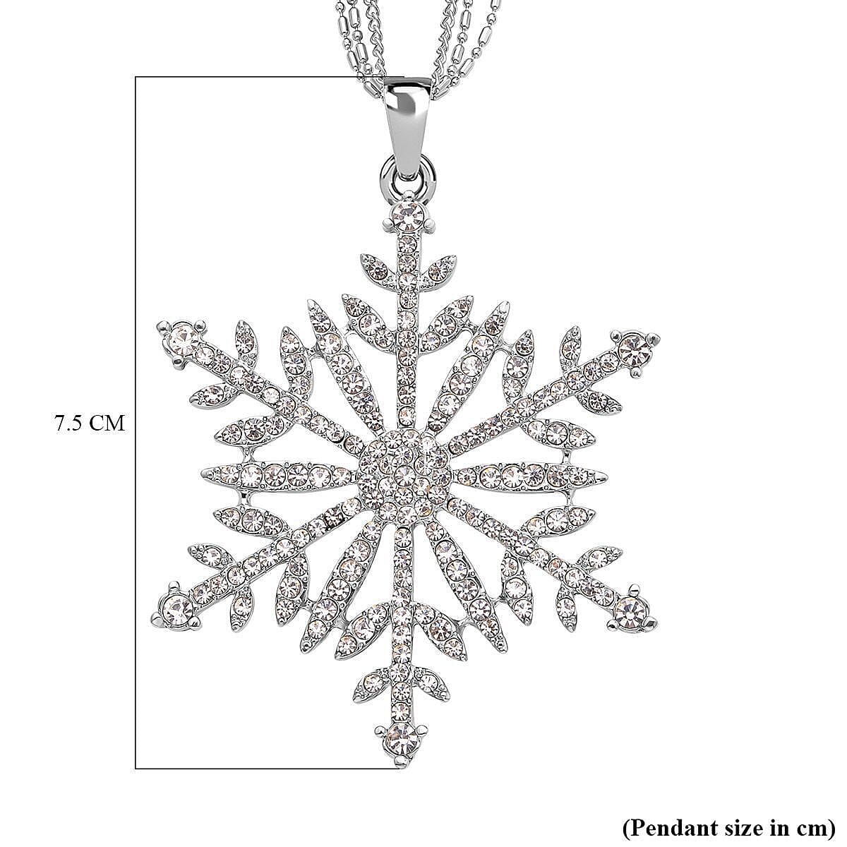 White Austrian Crystal Snowflake Pendant with Chain (28 With 2.5 Inch Extender) in Silver Tone