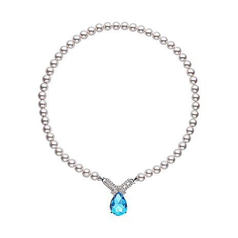 2 Piece Set - White Shell Pearl, Simulated Diamond & Simulated Blue Topaz Necklace or Brooch (Size - 20 ) in Silver Tone.