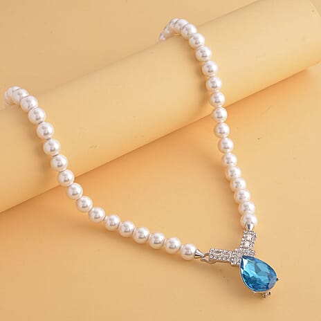 2 Piece Set - White Shell Pearl, Simulated Diamond & Simulated Blue Topaz Necklace or Brooch (Size - 20 ) in Silver Tone.