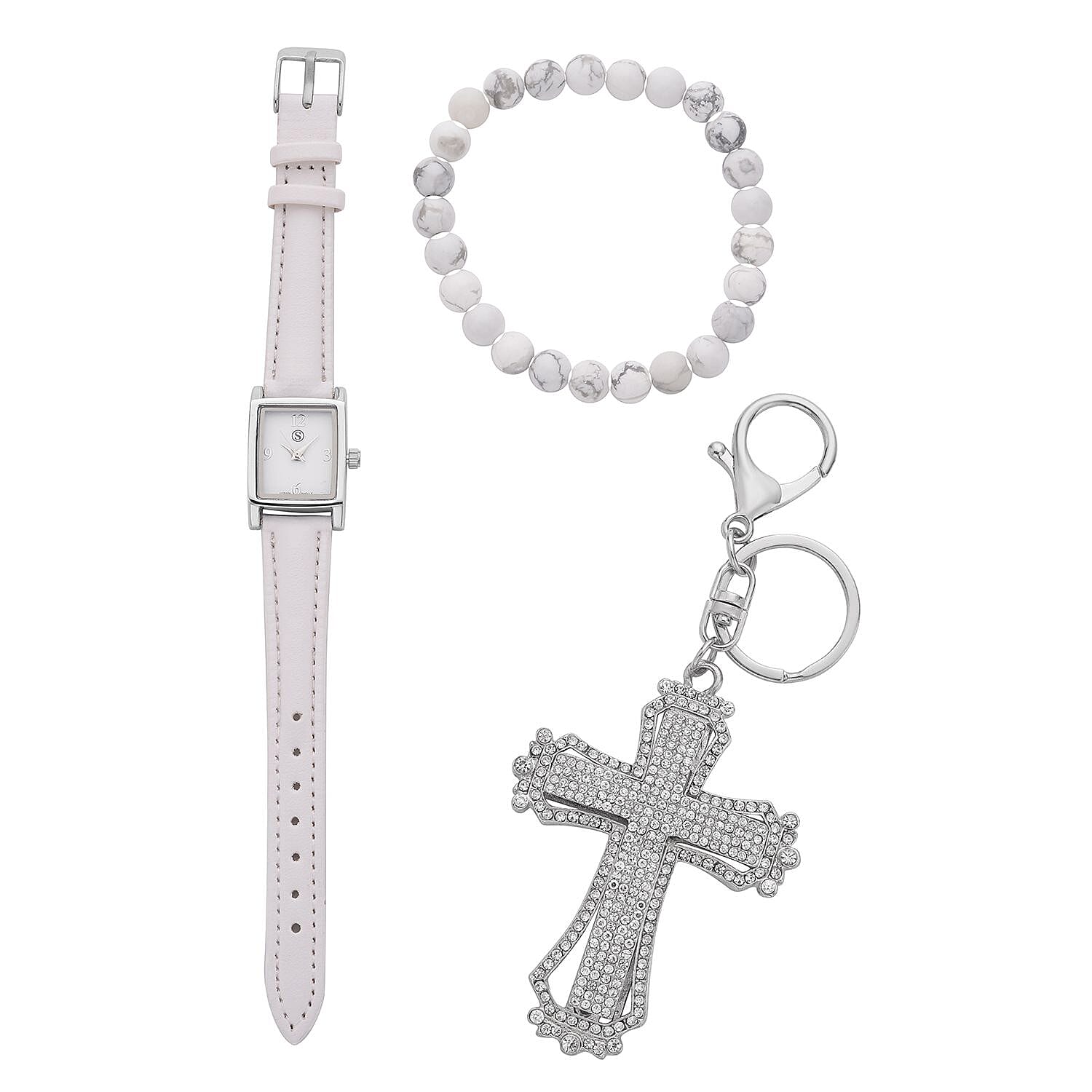 3 Piece Set - White Howlite Stretchable Beads Bracelet (Size 8), White Austrian Crystal Studded Cross Key Chain and STRADA Water Resistant Watch with White Strap
