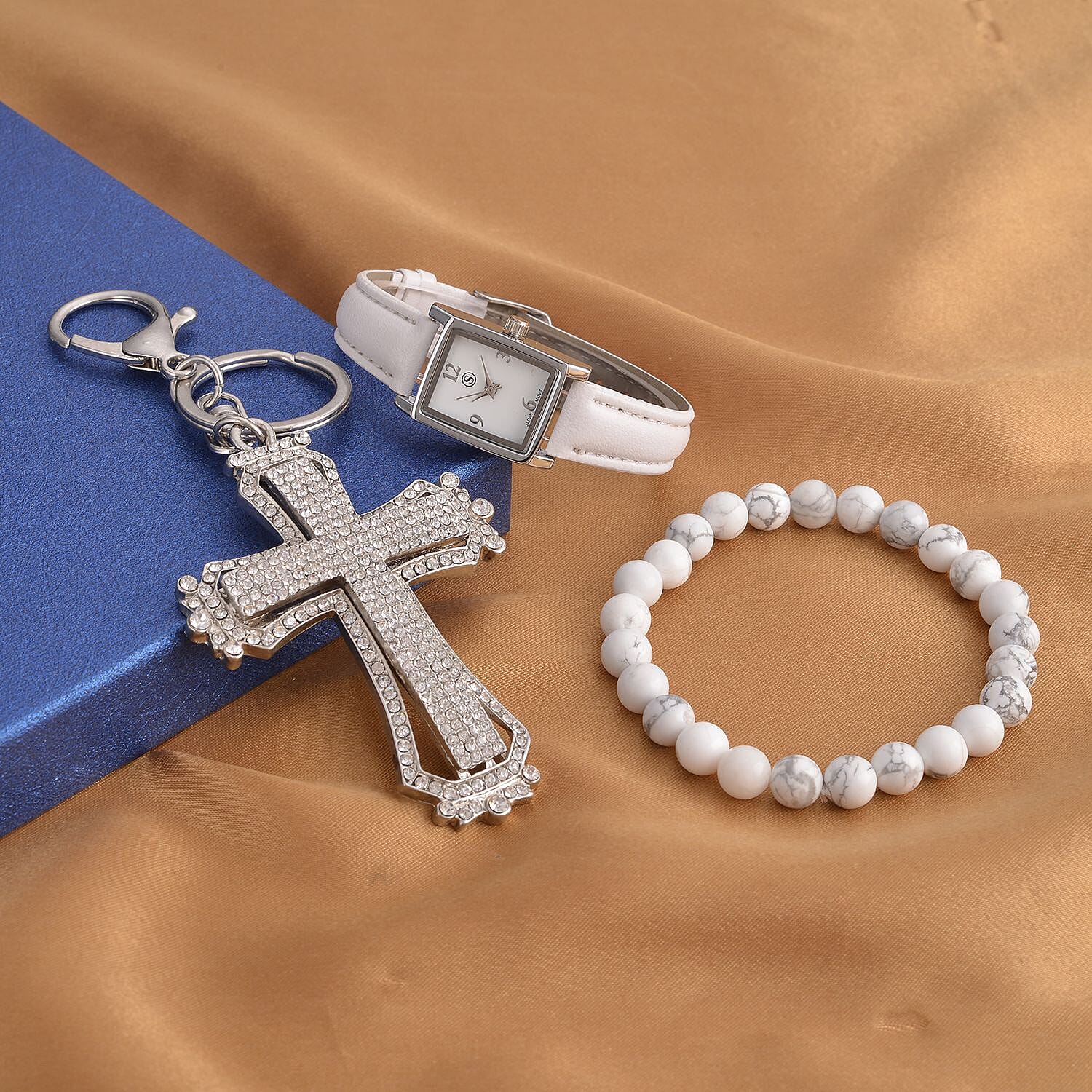 3 Piece Set - White Howlite Stretchable Beads Bracelet (Size 8), White Austrian Crystal Studded Cross Key Chain and STRADA Water Resistant Watch with White Strap