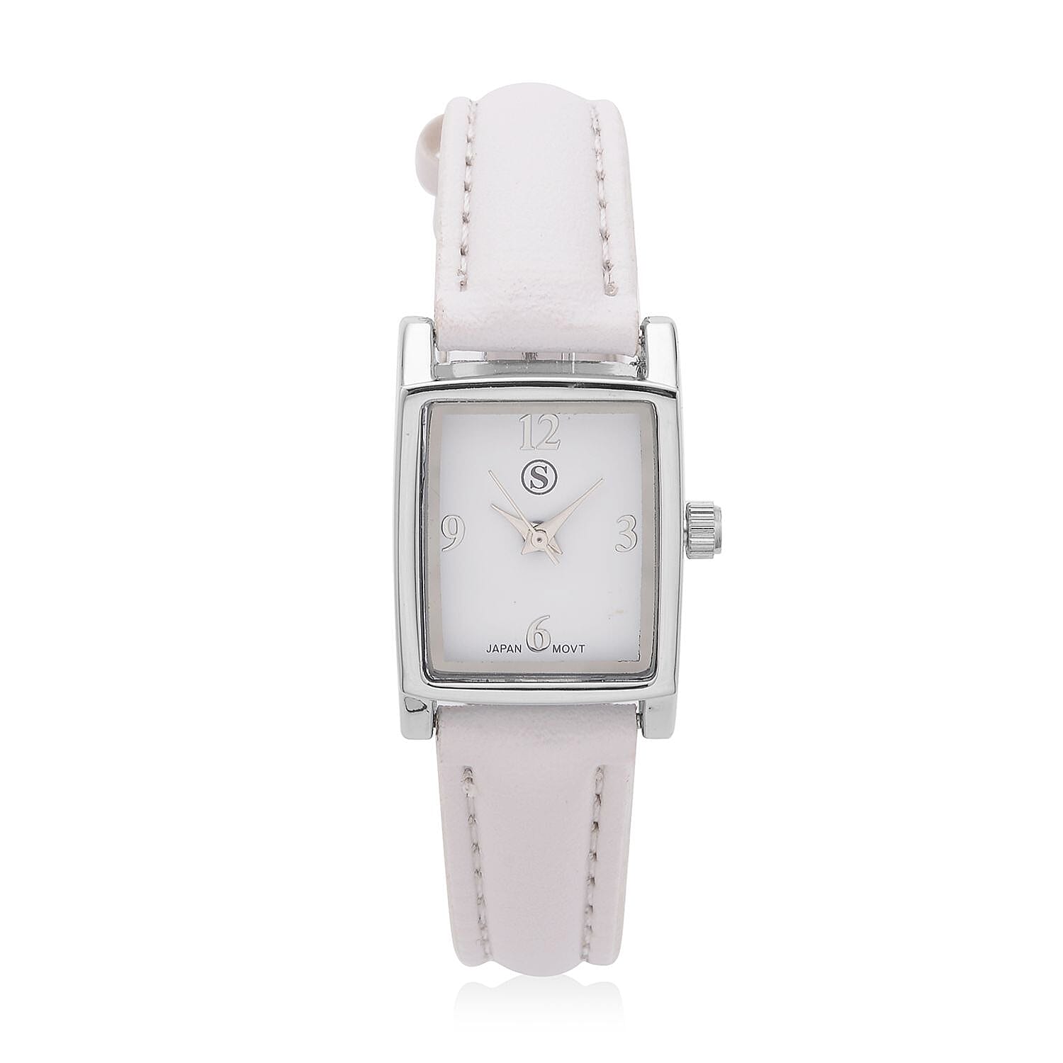 3 Piece Set - White Howlite Stretchable Beads Bracelet (Size 8), White Austrian Crystal Studded Cross Key Chain and STRADA Water Resistant Watch with White Strap