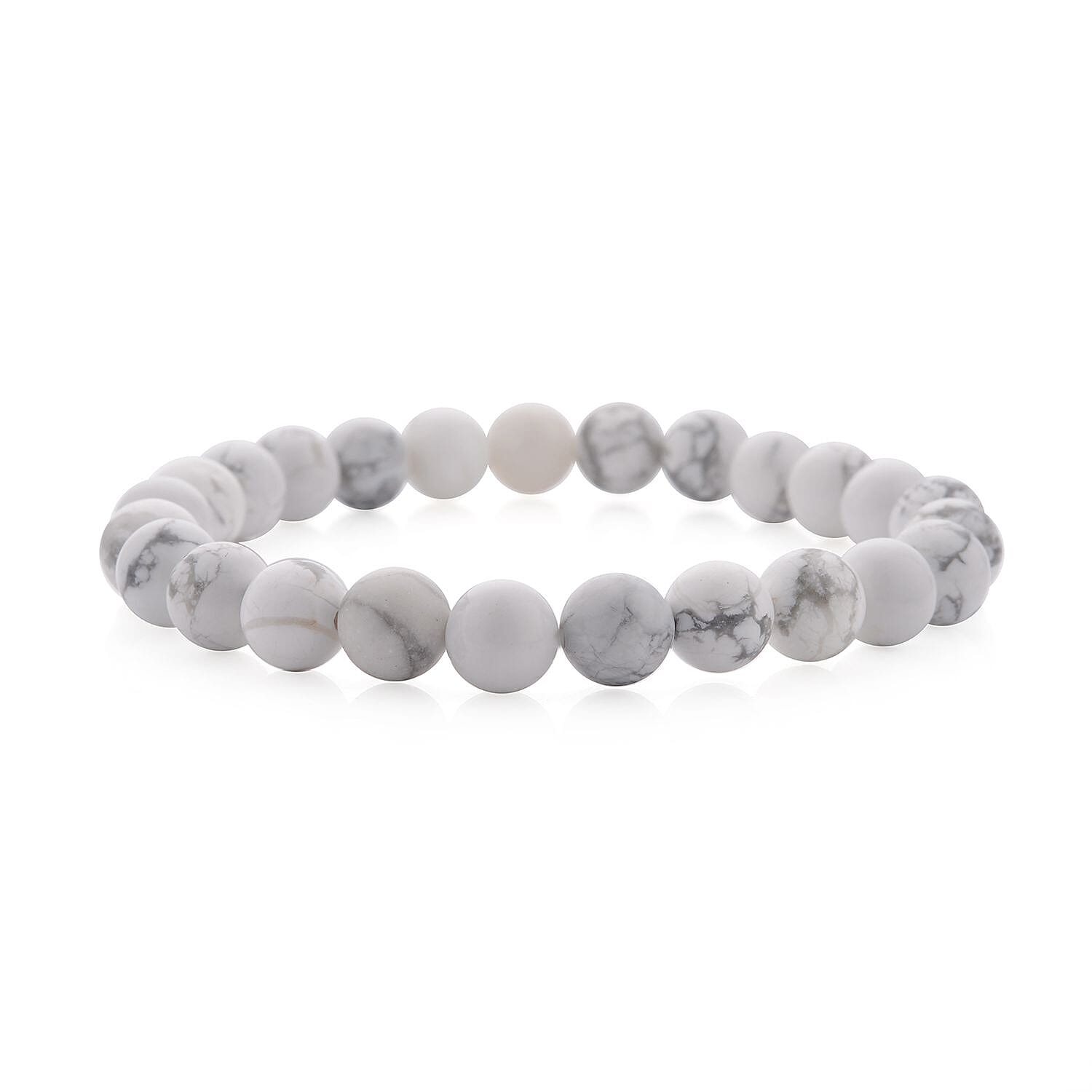 3 Piece Set - White Howlite Stretchable Beads Bracelet (Size 8), White Austrian Crystal Studded Cross Key Chain and STRADA Water Resistant Watch with White Strap