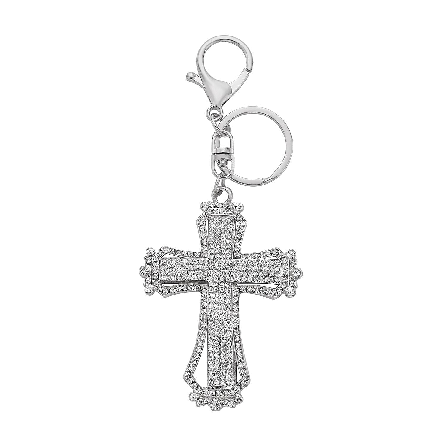 3 Piece Set - White Howlite Stretchable Beads Bracelet (Size 8), White Austrian Crystal Studded Cross Key Chain and STRADA Water Resistant Watch with White Strap