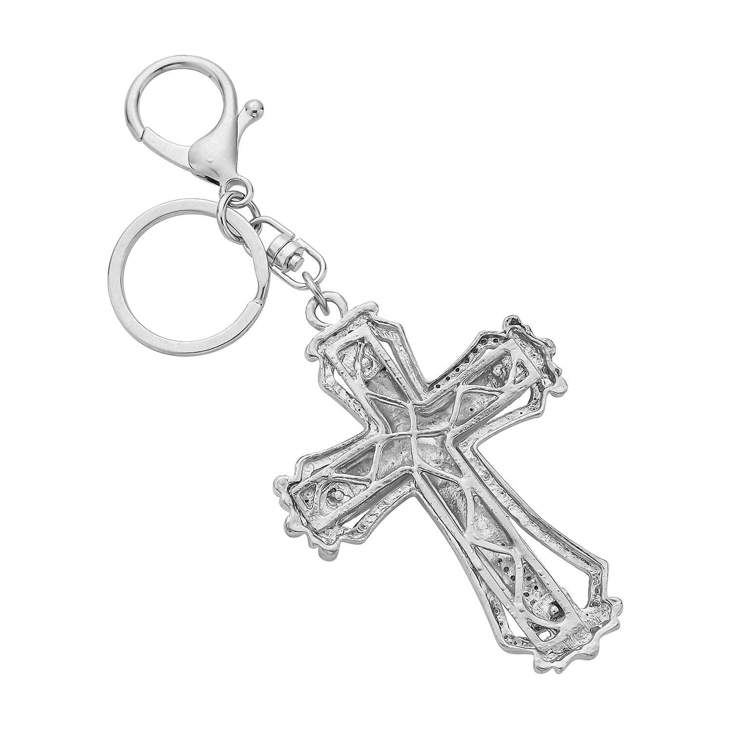 3 Piece Set - White Howlite Stretchable Beads Bracelet (Size 8), White Austrian Crystal Studded Cross Key Chain and STRADA Water Resistant Watch with White Strap