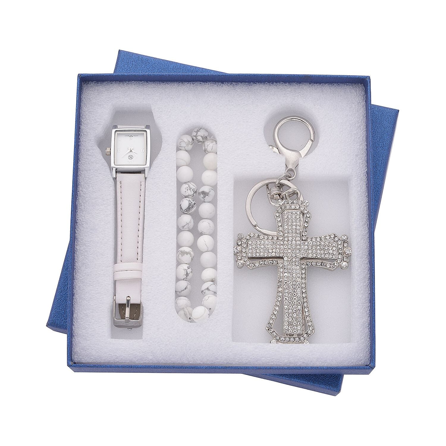 3 Piece Set - White Howlite Stretchable Beads Bracelet (Size 8), White Austrian Crystal Studded Cross Key Chain and STRADA Water Resistant Watch with White Strap