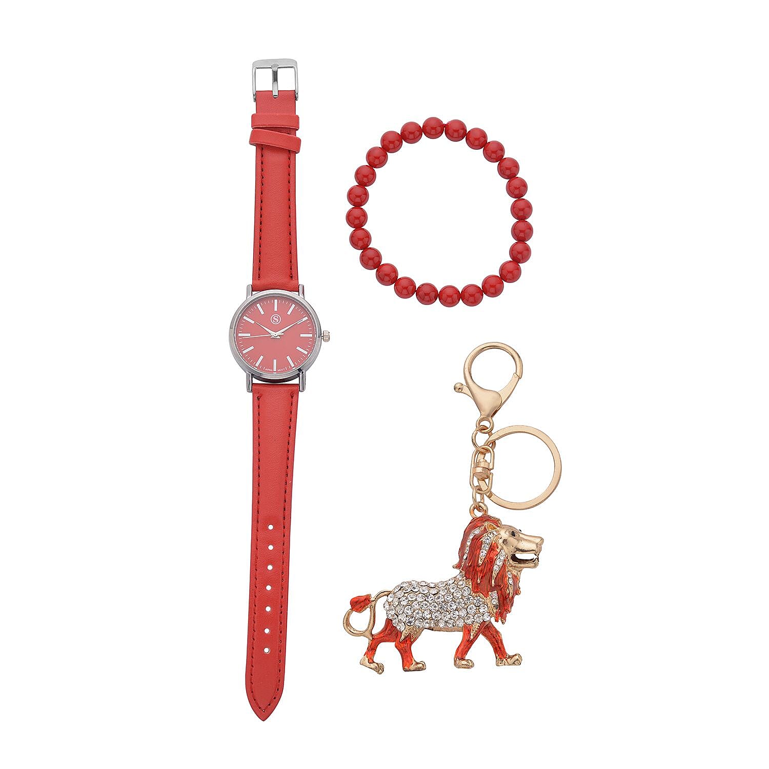 3 Piece Set - Red Howlite Stretchable Beads Bracelet (Size 8), White and Black Austrian Crystal Studded Lion Key Chain and STRADA Water Resistant Watch with Red Strap