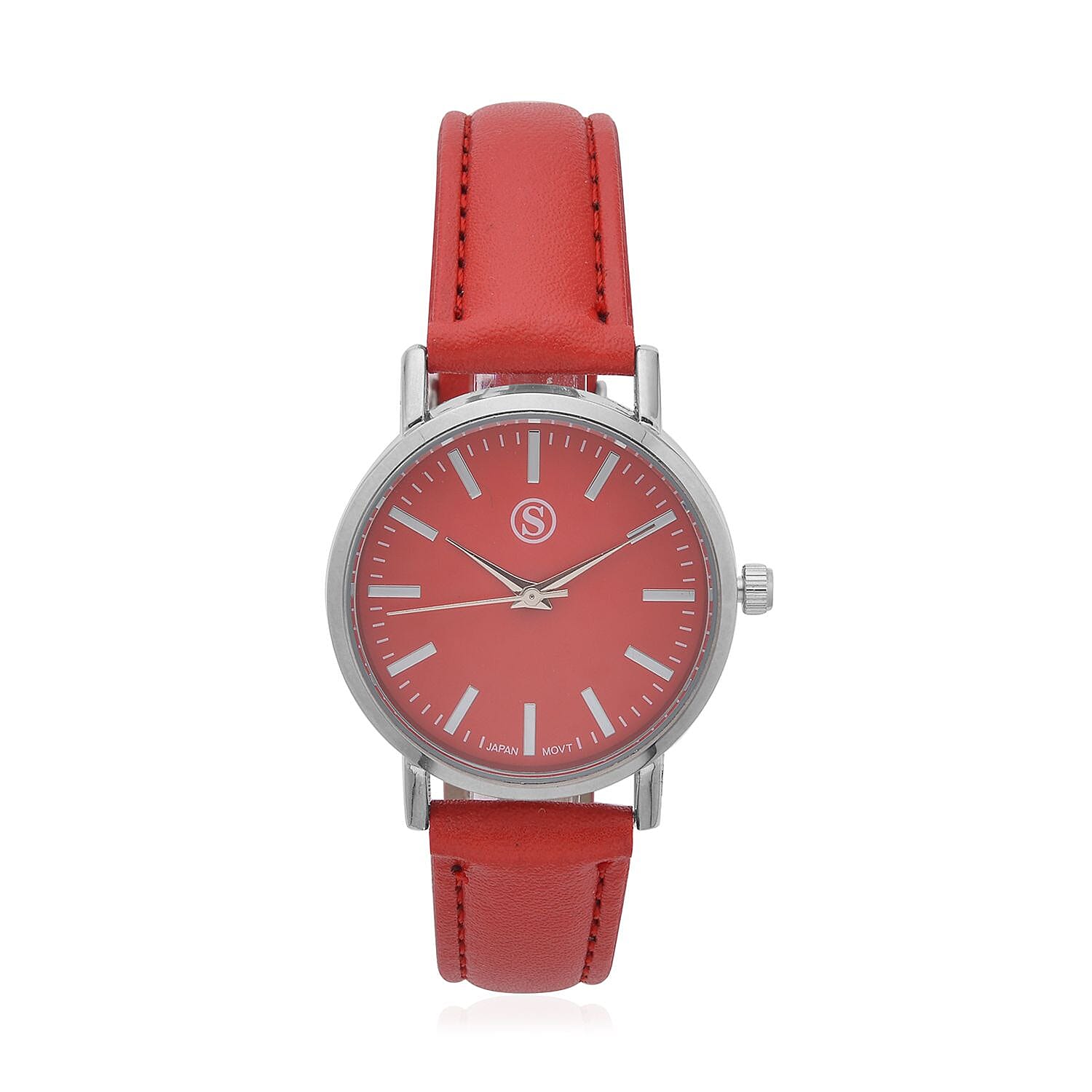 3 Piece Set - Red Howlite Stretchable Beads Bracelet (Size 8), White and Black Austrian Crystal Studded Lion Key Chain and STRADA Water Resistant Watch with Red Strap