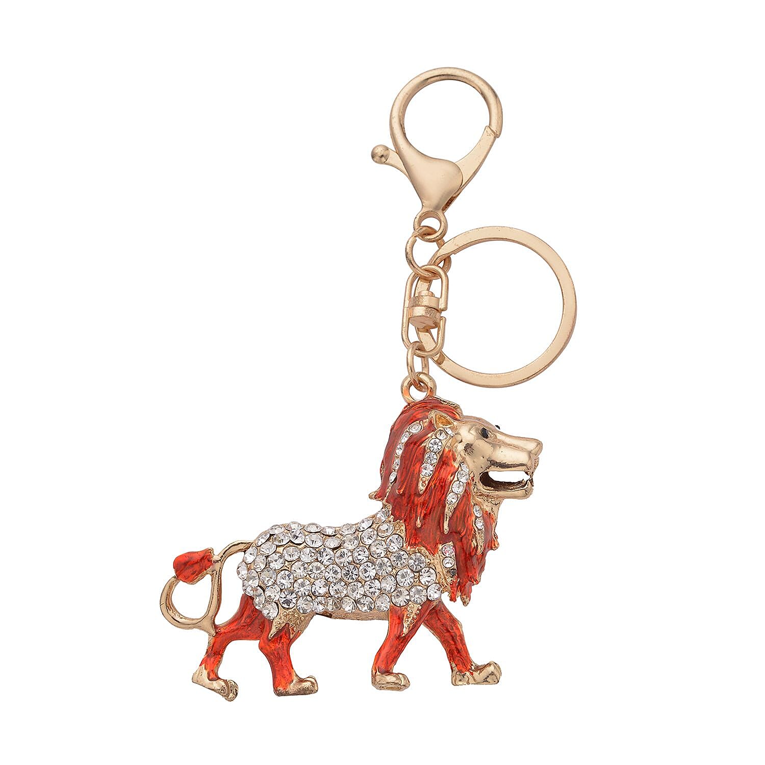 3 Piece Set - Red Howlite Stretchable Beads Bracelet (Size 8), White and Black Austrian Crystal Studded Lion Key Chain and STRADA Water Resistant Watch with Red Strap