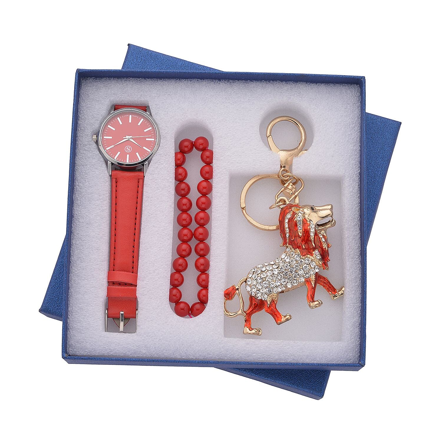 3 Piece Set - Red Howlite Stretchable Beads Bracelet (Size 8), White and Black Austrian Crystal Studded Lion Key Chain and STRADA Water Resistant Watch with Red Strap
