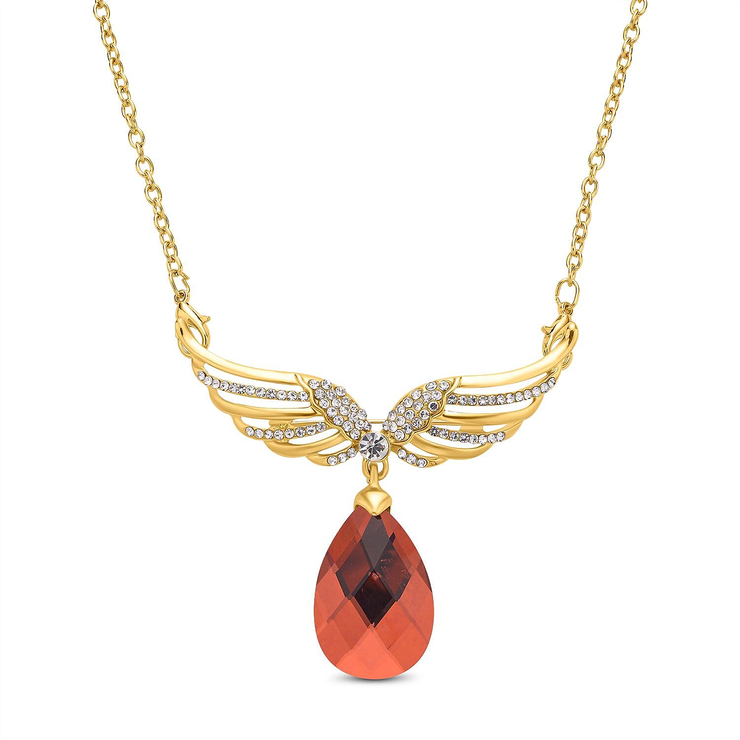 White Austrian Crystal Wings Brooch Or Necklace (Size - 22 ) in Yellow Gold Tone