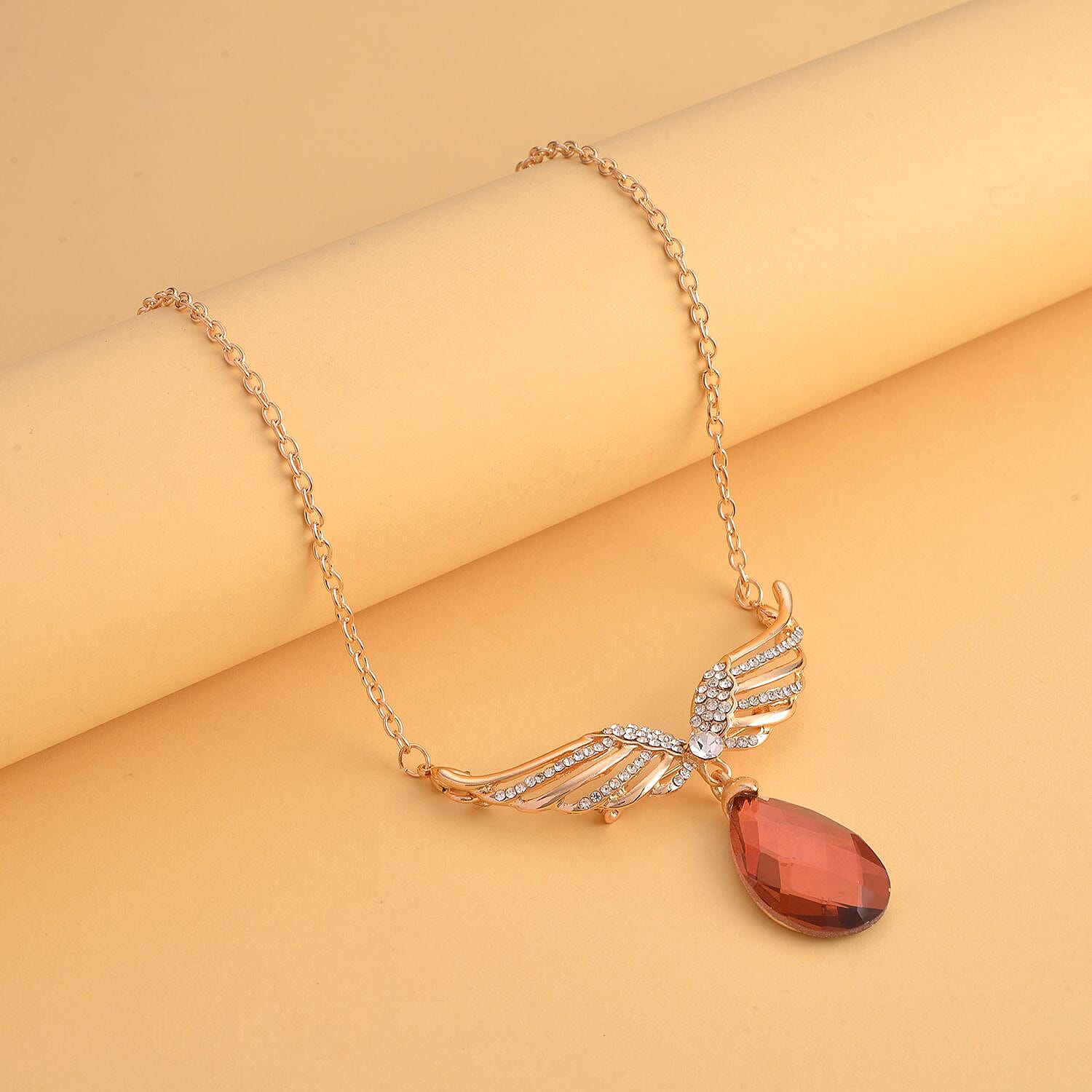 White Austrian Crystal Wings Brooch Or Necklace (Size - 22 ) in Yellow Gold Tone