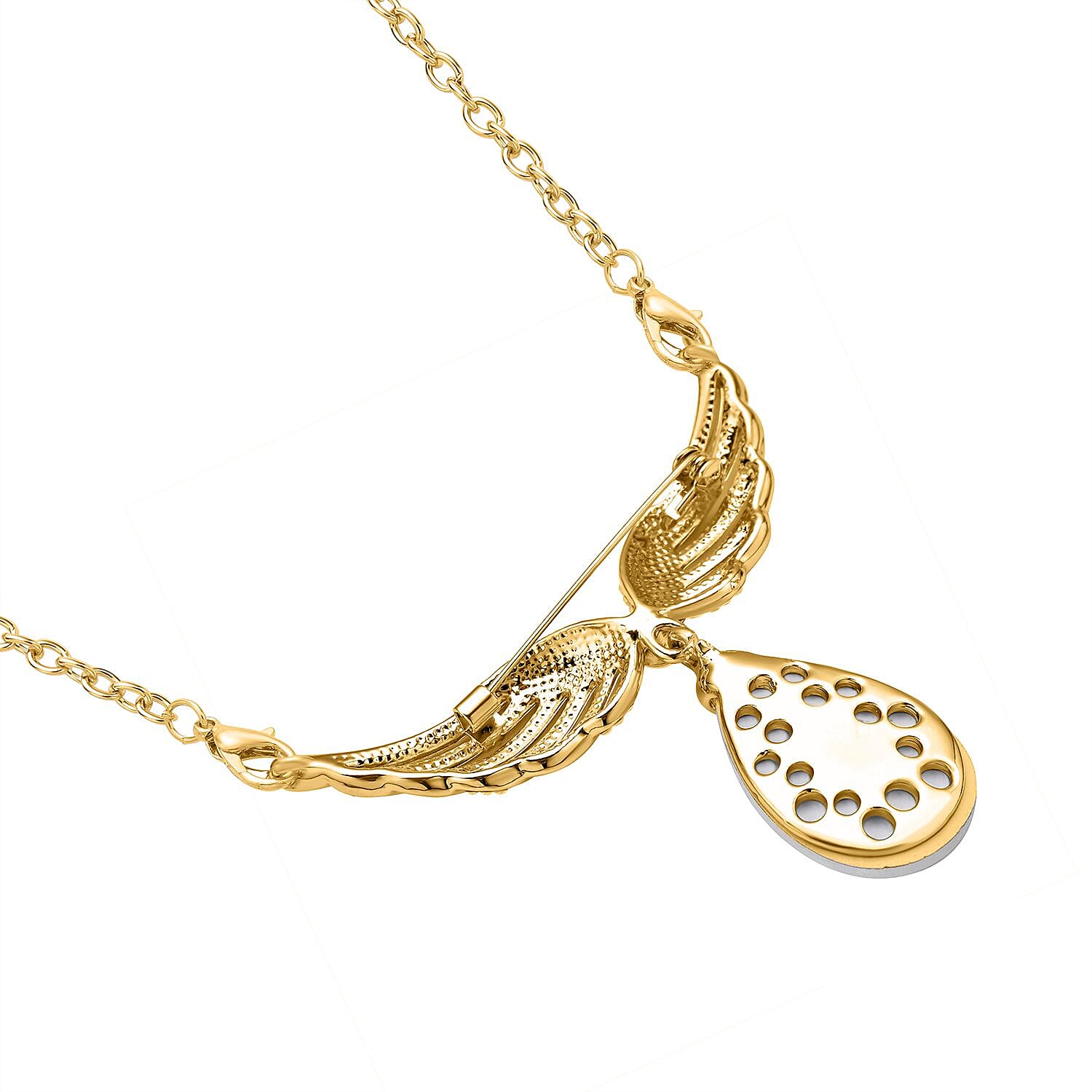 White Austrian Crystal Wings Brooch Or Necklace (Size - 22 ) in Yellow Gold Tone