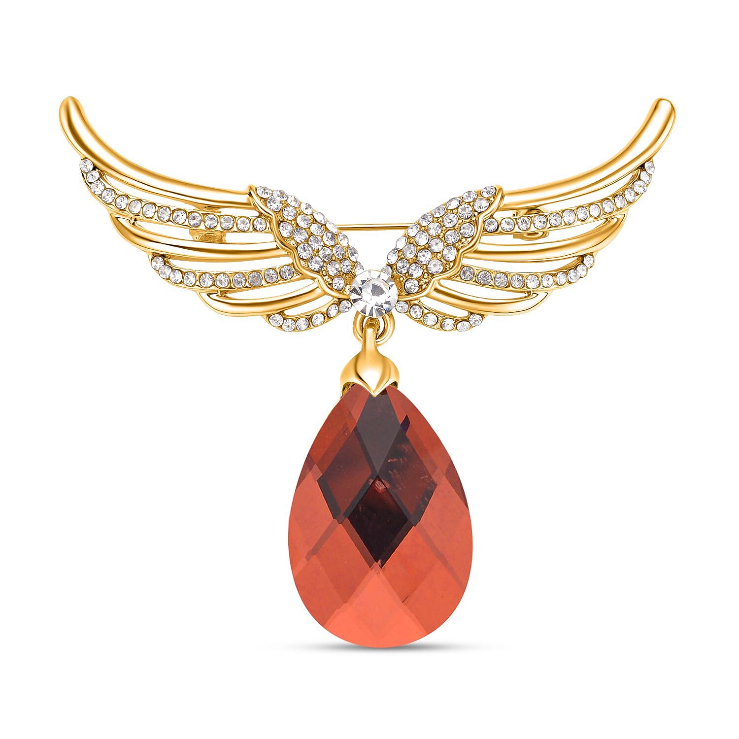 White Austrian Crystal Wings Brooch Or Necklace (Size - 22 ) in Yellow Gold Tone