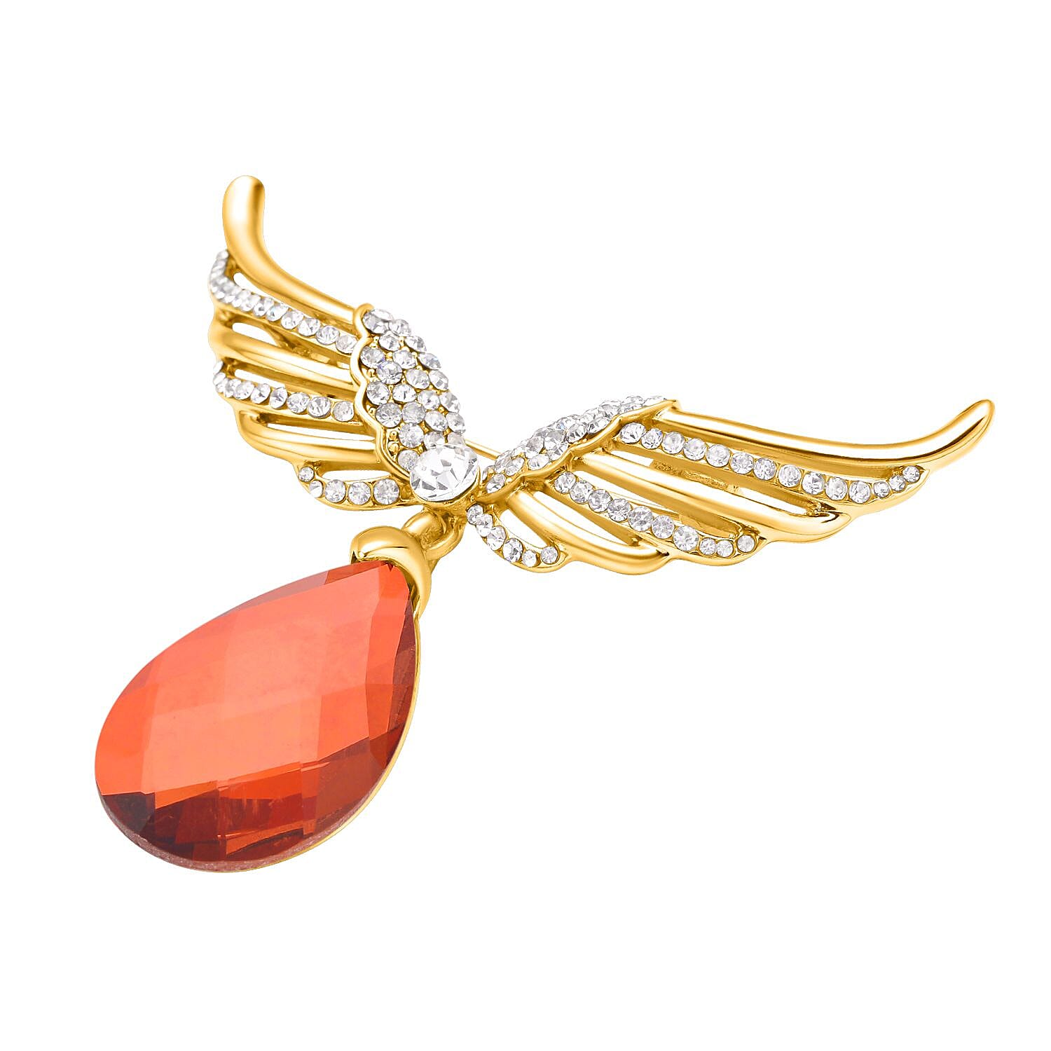 White Austrian Crystal Wings Brooch Or Necklace (Size - 22 ) in Yellow Gold Tone