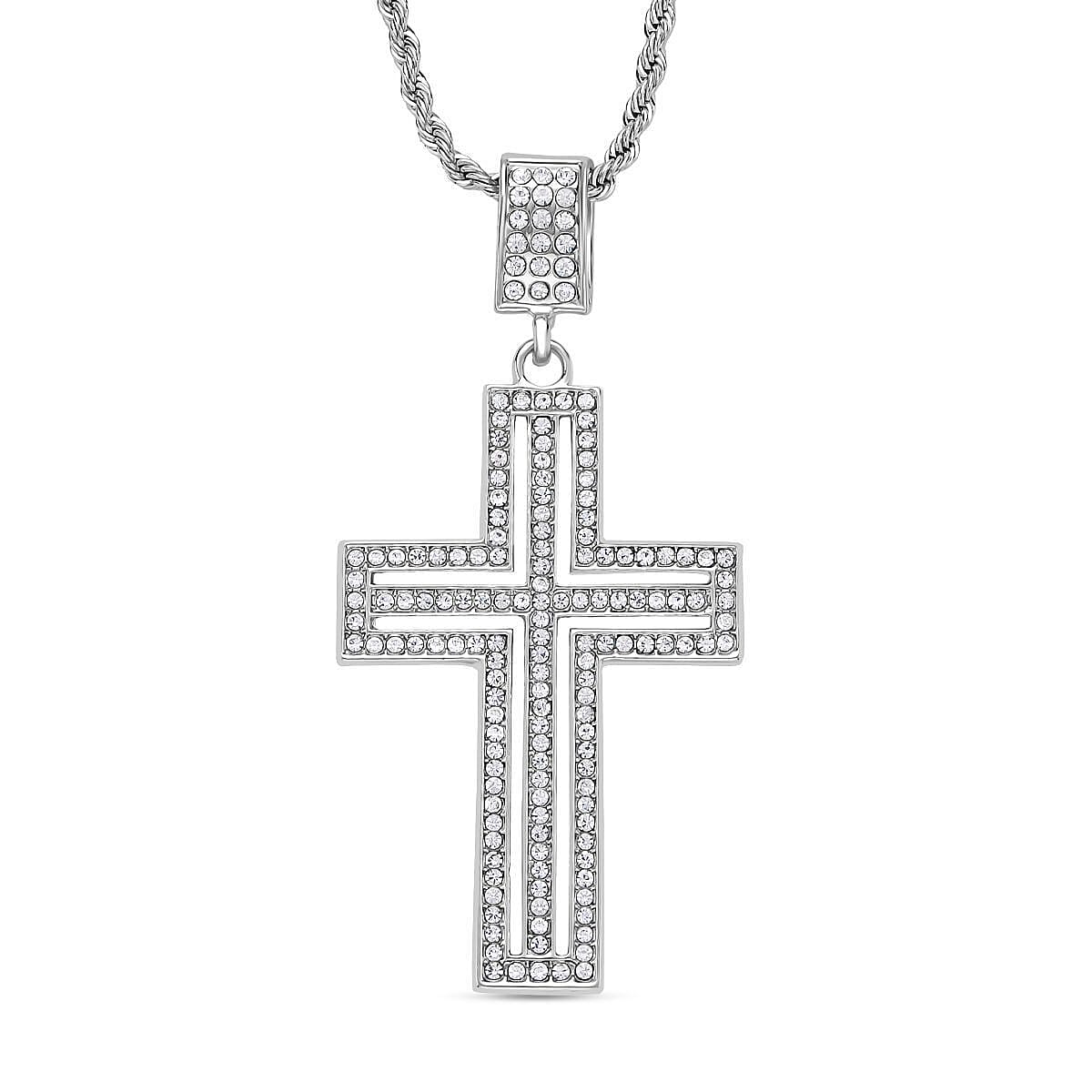 White Austrian Crystal Cross Pendant with Chain (Size 24) in Silver Tone