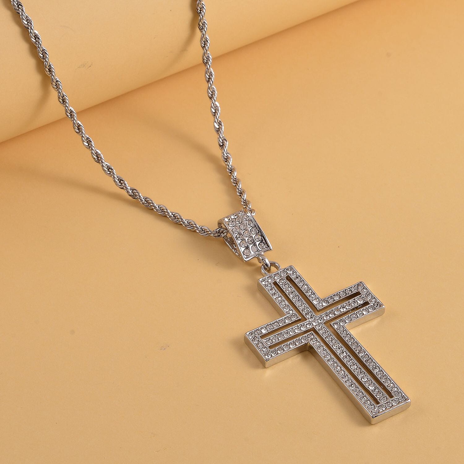 White Austrian Crystal Cross Pendant with Chain (Size 24) in Silver Tone