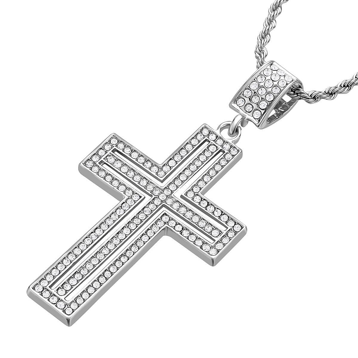 White Austrian Crystal Cross Pendant with Chain (Size 24) in Silver Tone