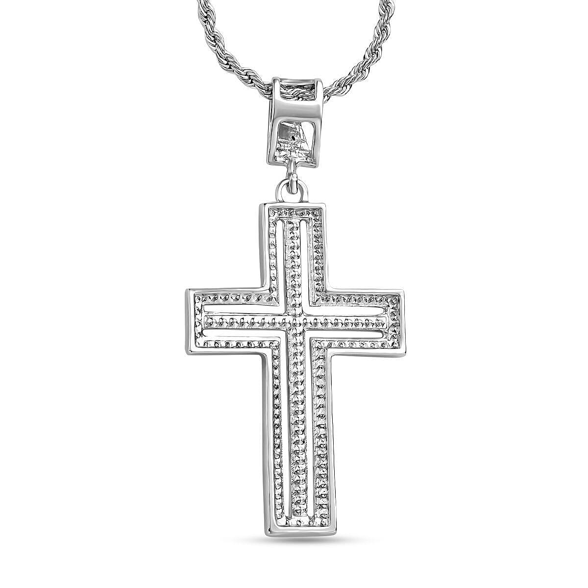 White Austrian Crystal Cross Pendant with Chain (Size 24) in Silver Tone