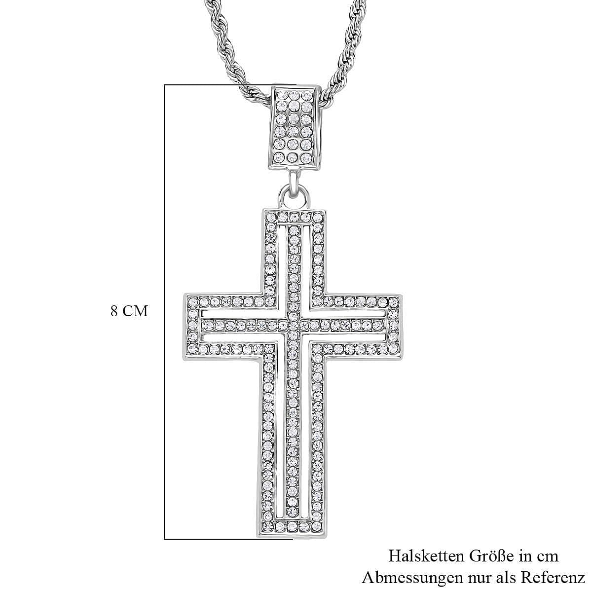 White Austrian Crystal Cross Pendant with Chain (Size 24) in Silver Tone