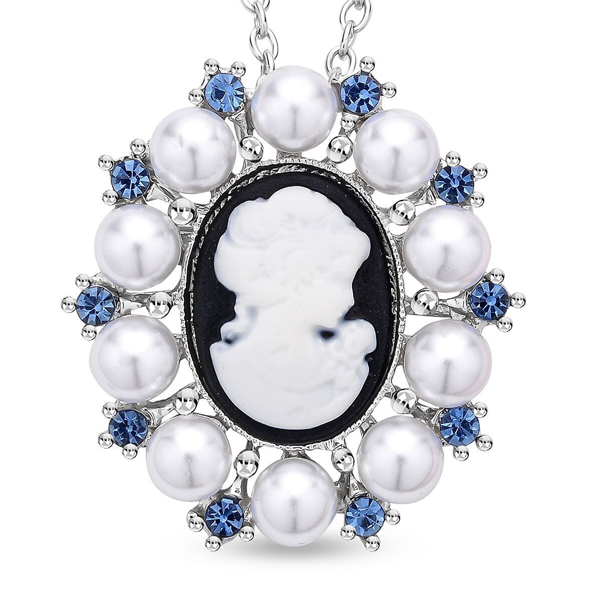 Blue Austrian Crystal and Simulated Pearl Cameo Pendant with Chain (Size - 20 ) and Pendant or Brooch in Whte Silver Tone.
