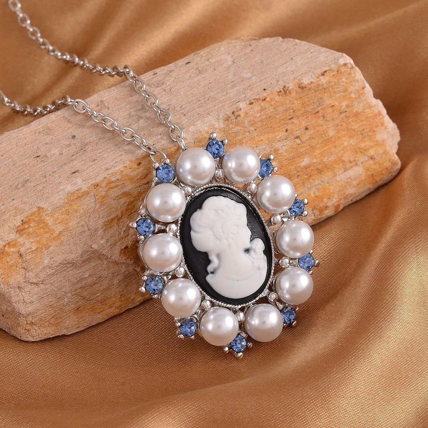 Blue Austrian Crystal and Simulated Pearl Cameo Pendant with Chain (Size - 20 ) and Pendant or Brooch in Whte Silver Tone.