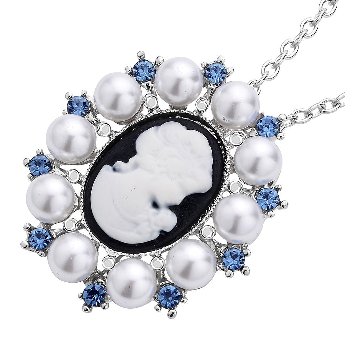 Blue Austrian Crystal and Simulated Pearl Cameo Pendant with Chain (Size - 20 ) and Pendant or Brooch in Whte Silver Tone.