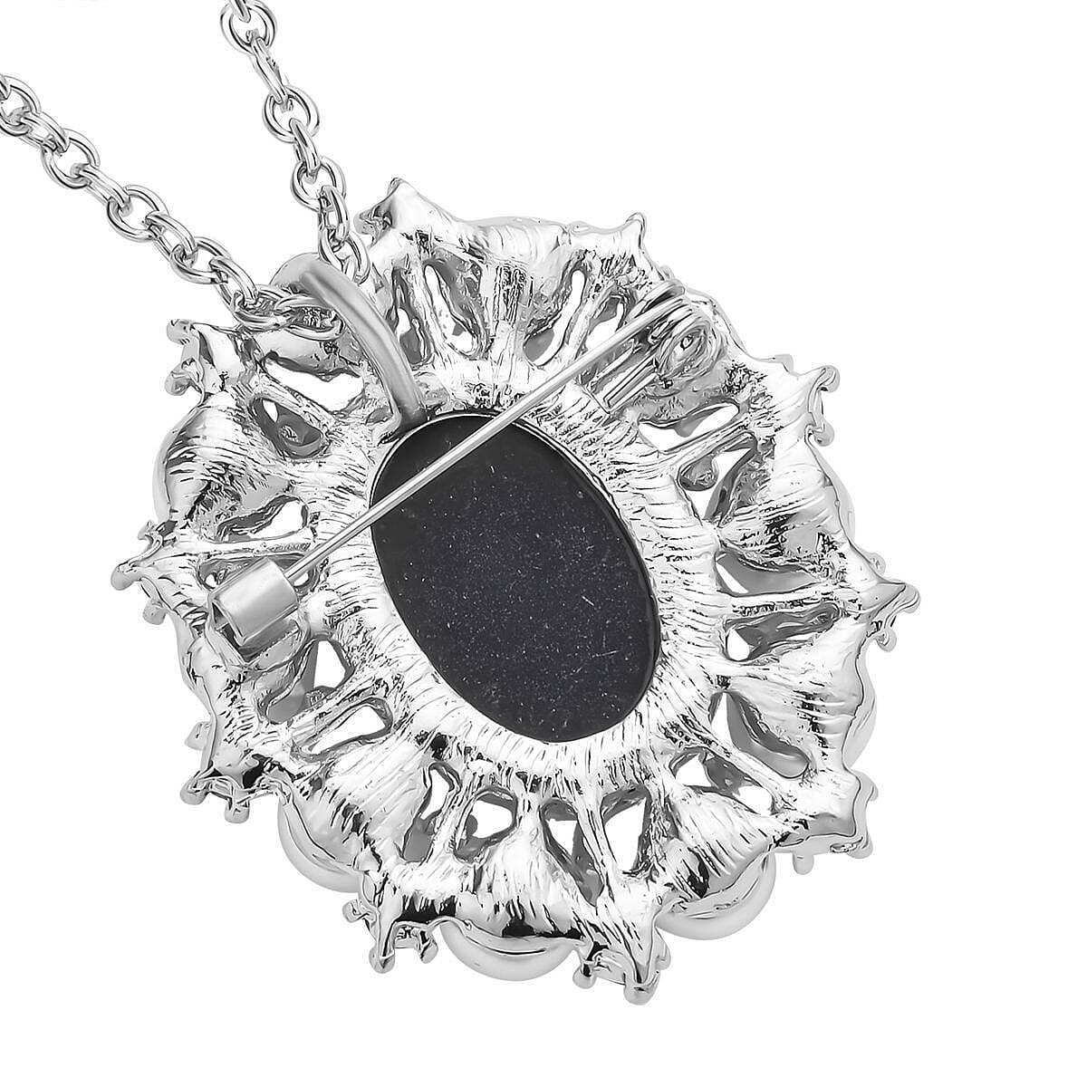 Blue Austrian Crystal and Simulated Pearl Cameo Pendant with Chain (Size - 20 ) and Pendant or Brooch in Whte Silver Tone.
