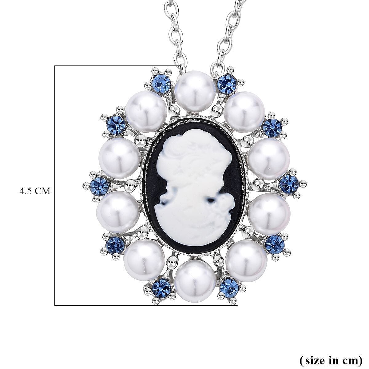 Blue Austrian Crystal and Simulated Pearl Cameo Pendant with Chain (Size - 20 ) and Pendant or Brooch in Whte Silver Tone.