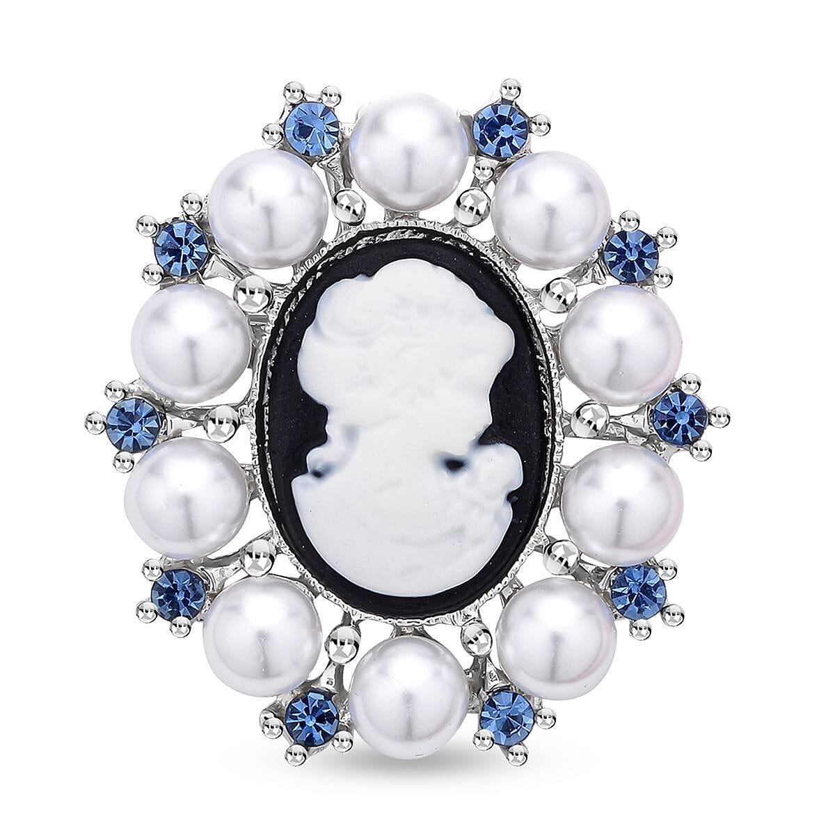 Blue Austrian Crystal and Simulated Pearl Cameo Pendant with Chain (Size - 20 ) and Pendant or Brooch in Whte Silver Tone.