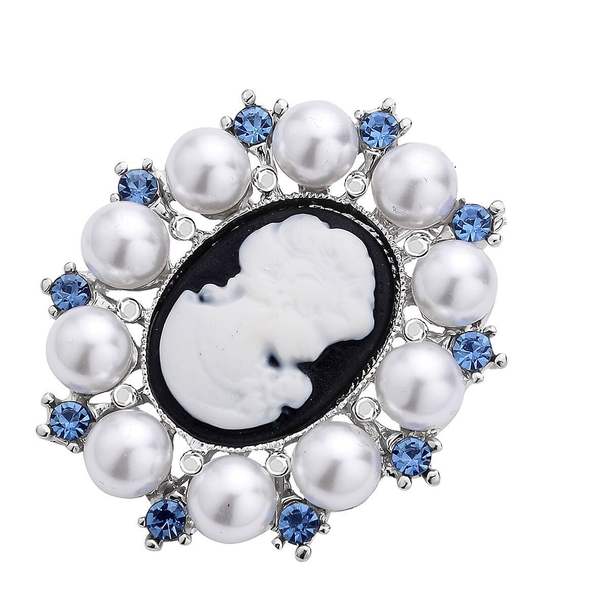 Blue Austrian Crystal and Simulated Pearl Cameo Pendant with Chain (Size - 20 ) and Pendant or Brooch in Whte Silver Tone.