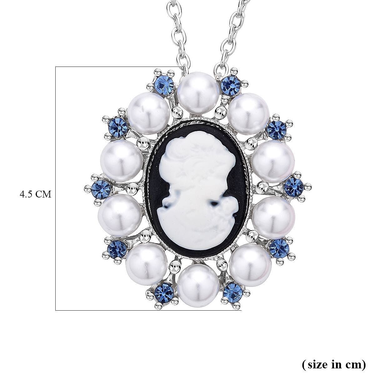 Blue Austrian Crystal and Simulated Pearl Cameo Pendant with Chain (Size - 20 ) and Pendant or Brooch in Whte Silver Tone.