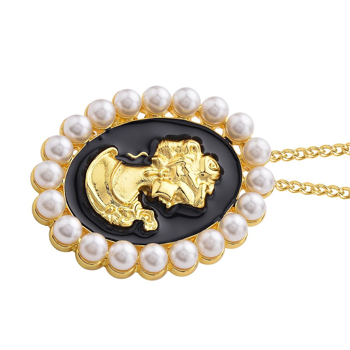 Simulated Pearl Cameo Pendant with Chain