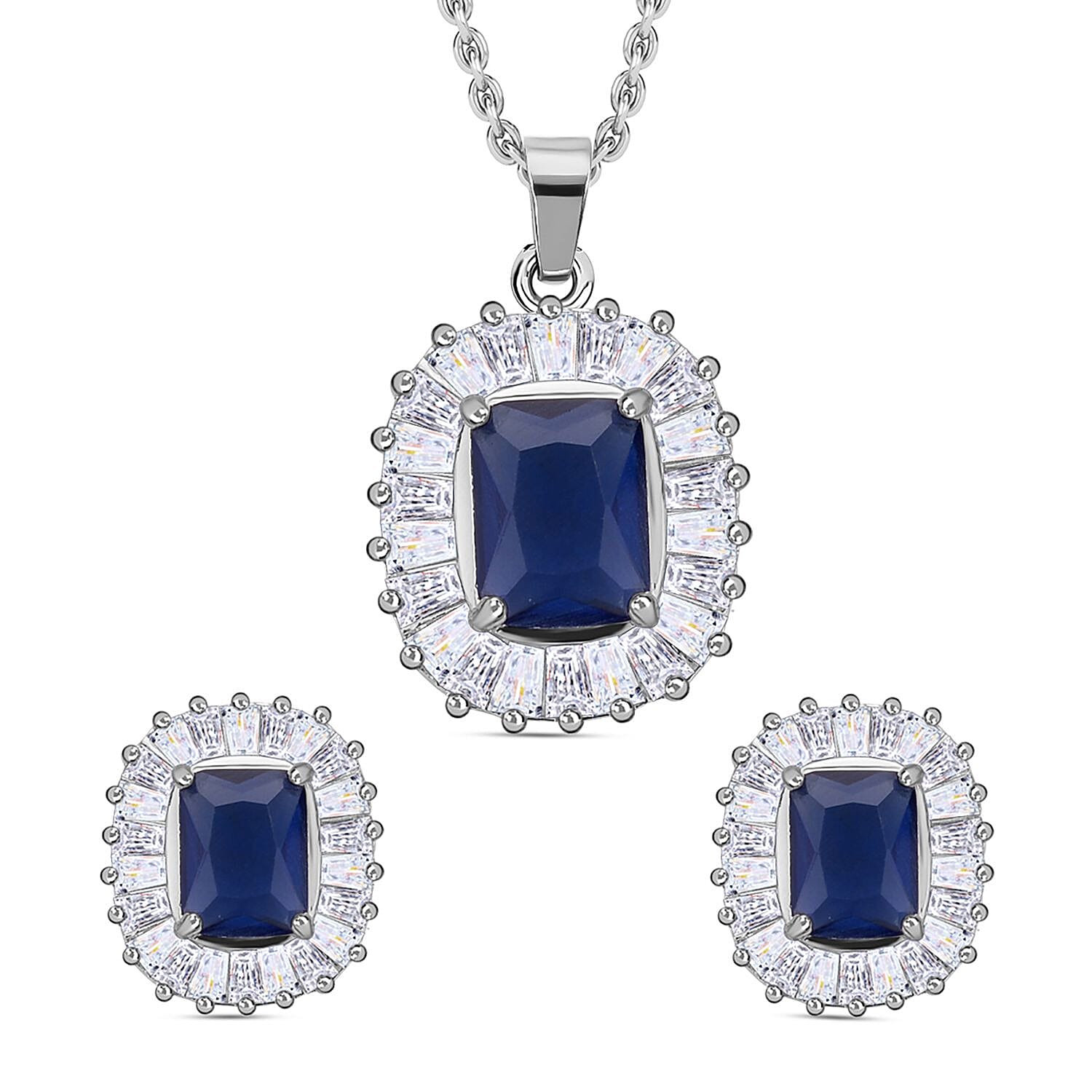 Set of  2 -  Simulated Diamond and Simulated Blue Sapphire Pendant with Chain (Size - 20 with 2 Inch Extener) and Earrings (With Silicon Push Back) in Silver Tone