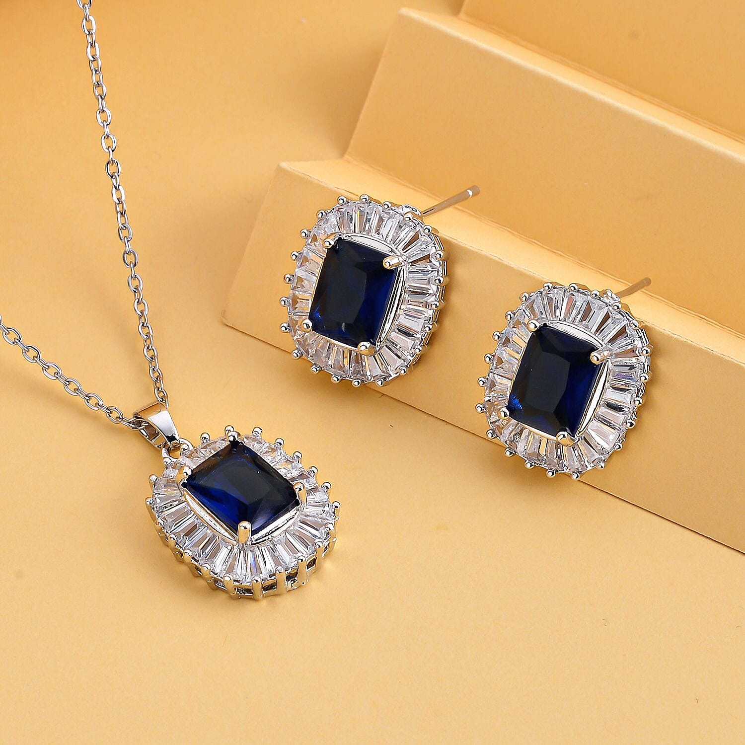 Set of  2 -  Simulated Diamond and Simulated Blue Sapphire Pendant with Chain (Size - 20 with 2 Inch Extener) and Earrings (With Silicon Push Back) in Silver Tone