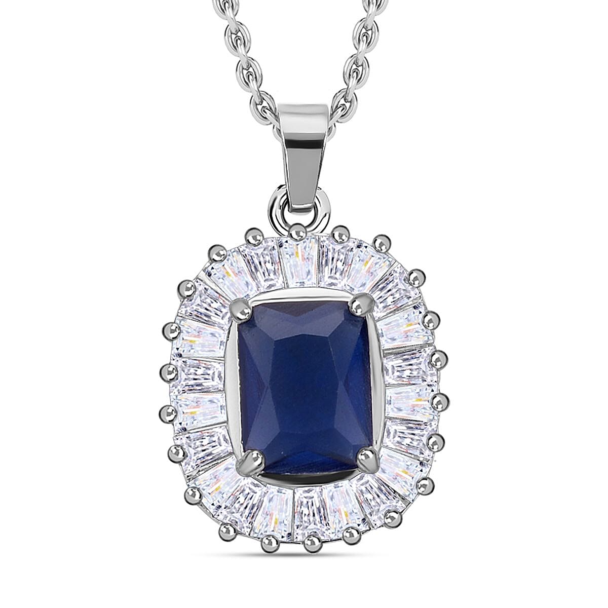 Set of  2 -  Simulated Diamond and Simulated Blue Sapphire Pendant with Chain (Size - 20 with 2 Inch Extener) and Earrings (With Silicon Push Back) in Silver Tone