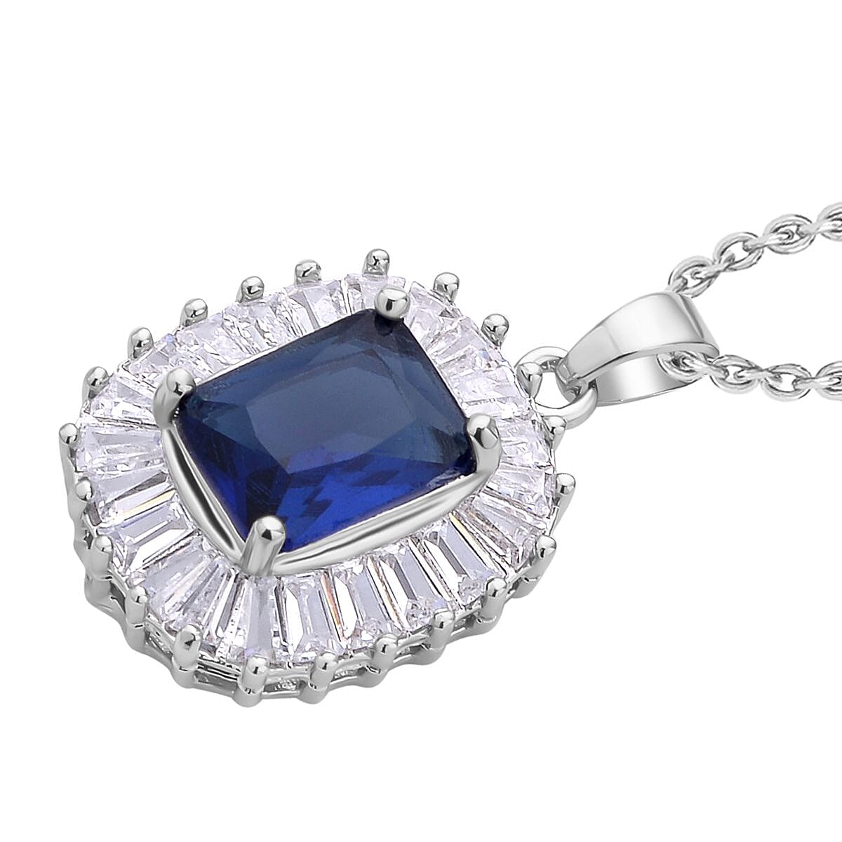Set of  2 -  Simulated Diamond and Simulated Blue Sapphire Pendant with Chain (Size - 20 with 2 Inch Extener) and Earrings (With Silicon Push Back) in Silver Tone