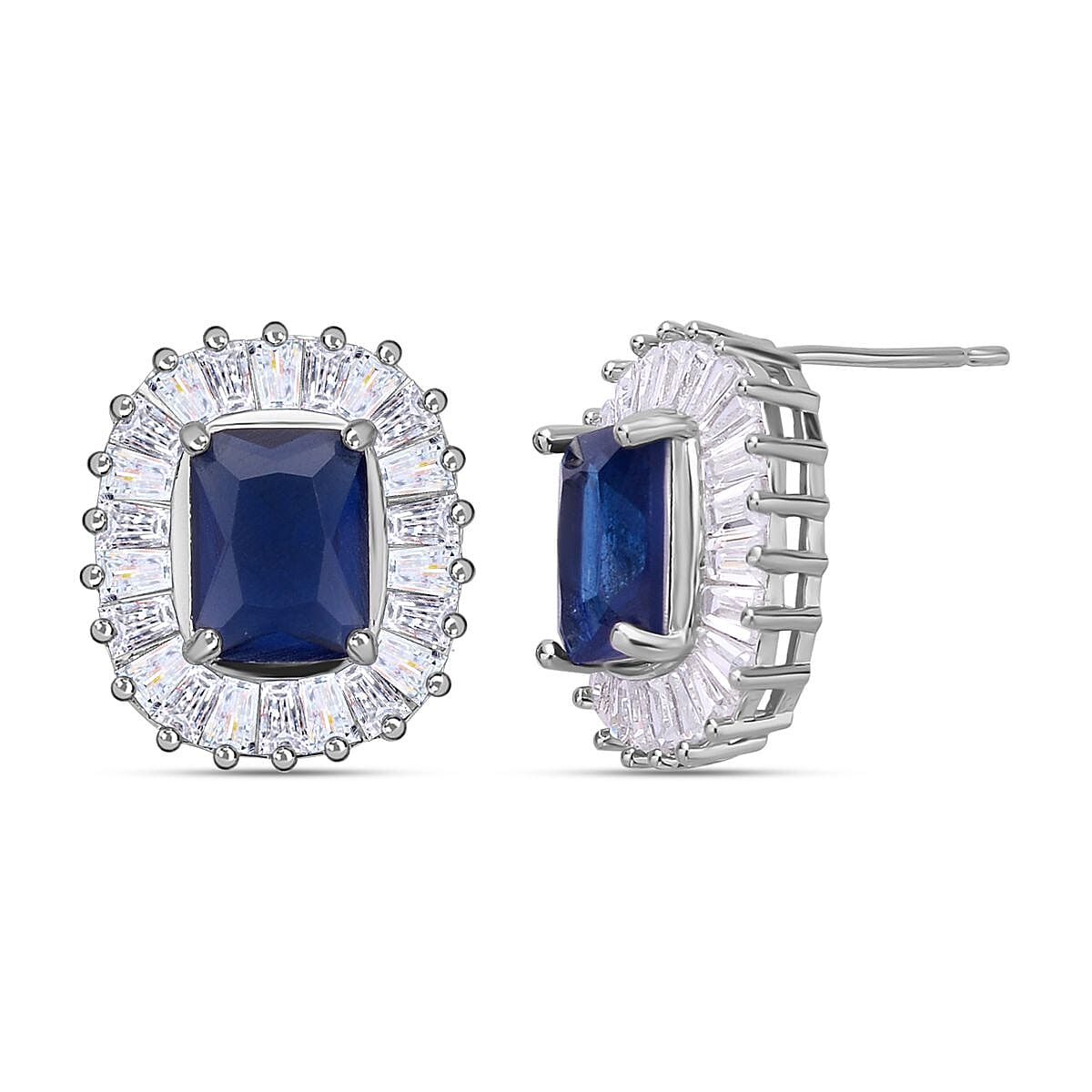 Set of  2 -  Simulated Diamond and Simulated Blue Sapphire Pendant with Chain (Size - 20 with 2 Inch Extener) and Earrings (With Silicon Push Back) in Silver Tone