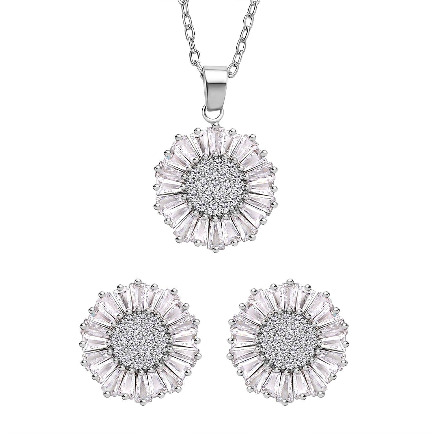 Set of 2 - White Cubic Zirconia Pendant with Chain (Size - 20 with 2 Inch Extender) and Earrings (With Silicon Push Back) in Pure White Brass 6.000 Ct.