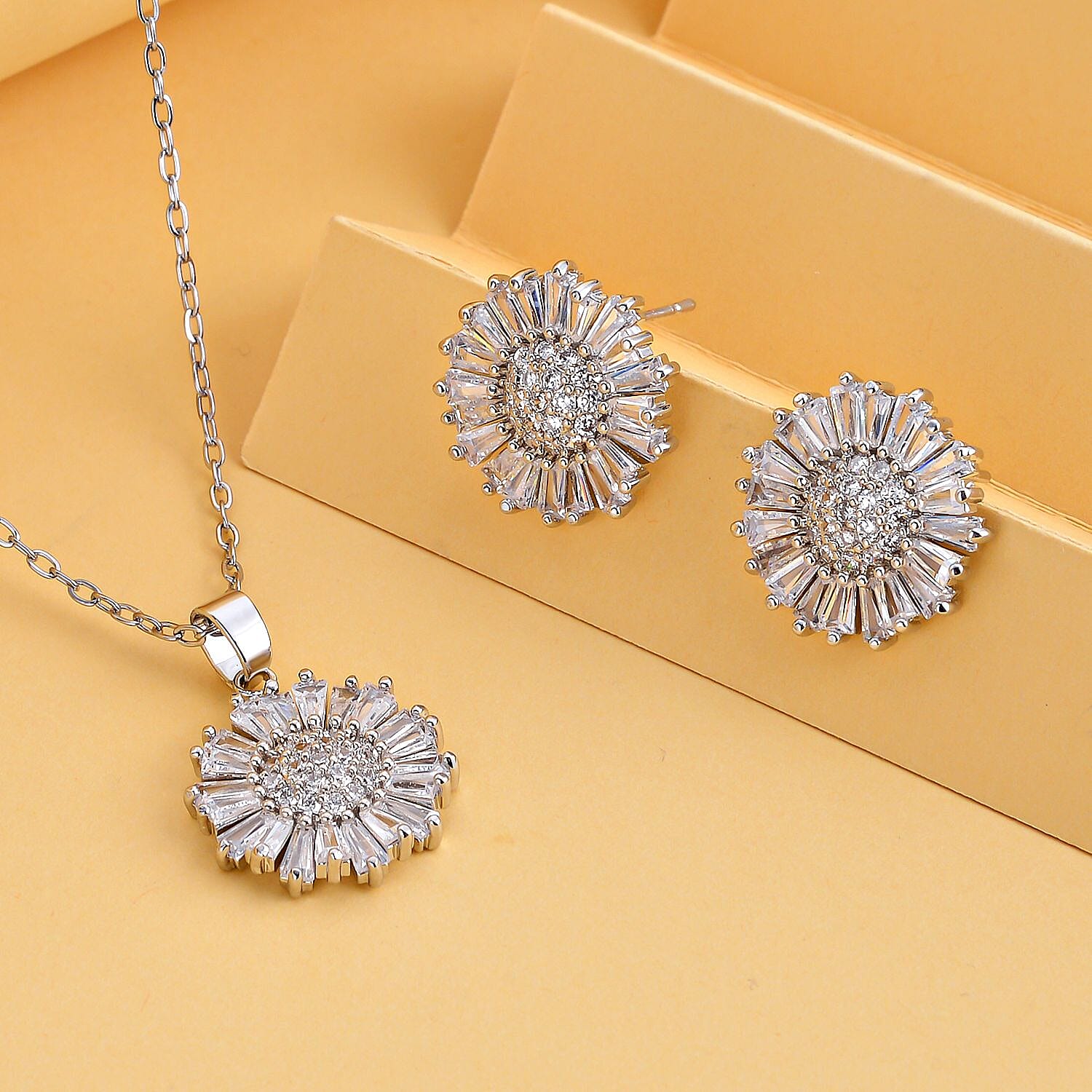 Set of 2 - White Cubic Zirconia Pendant with Chain (Size - 20 with 2 Inch Extender) and Earrings (With Silicon Push Back) in Pure White Brass 6.000 Ct.