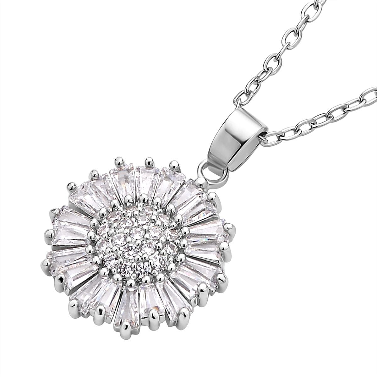 Set of 2 - White Cubic Zirconia Pendant with Chain (Size - 20 with 2 Inch Extender) and Earrings (With Silicon Push Back) in Pure White Brass 6.000 Ct.