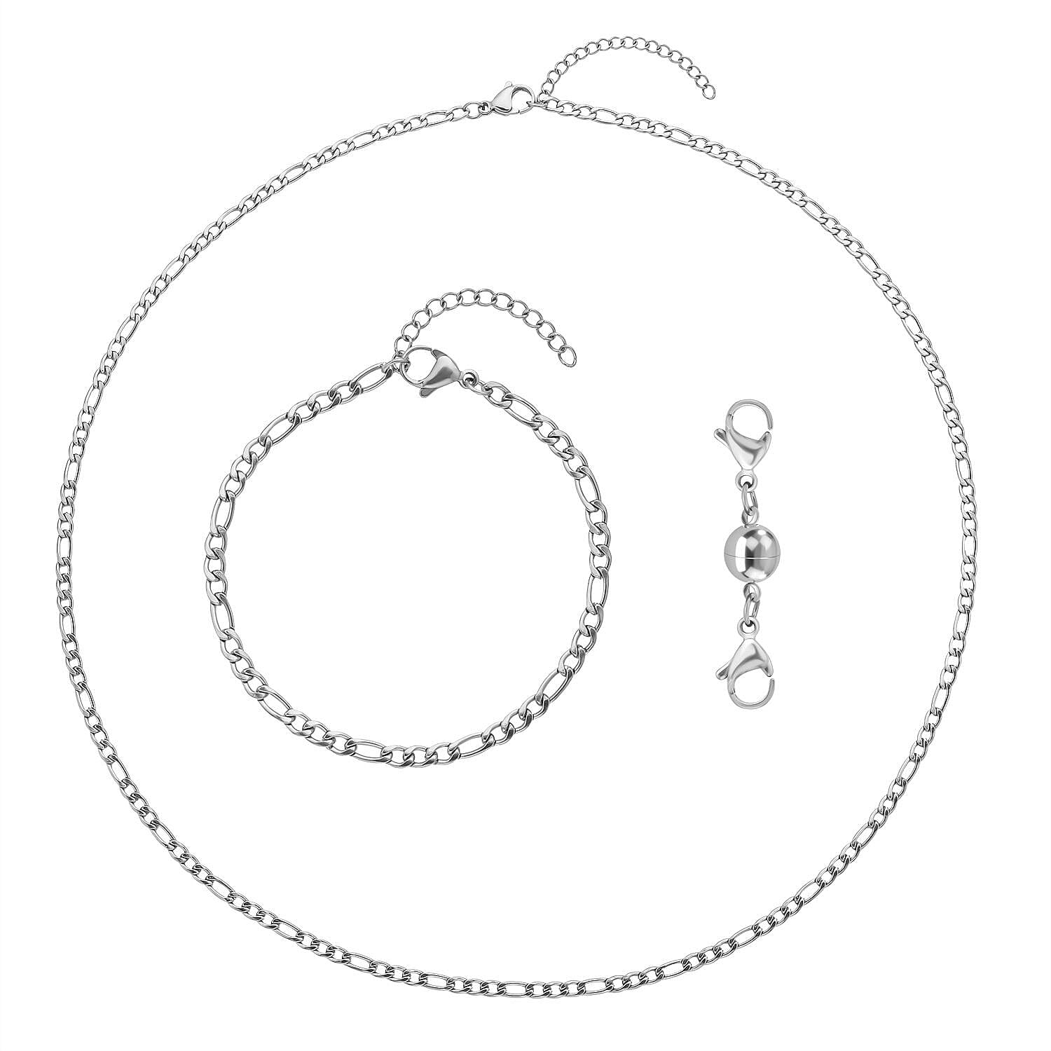 Set of 3 - Figaro Necklace (Size 24), Bracelet (Size 7.5 Inch) and Magnetic Lock in Stainless Steel