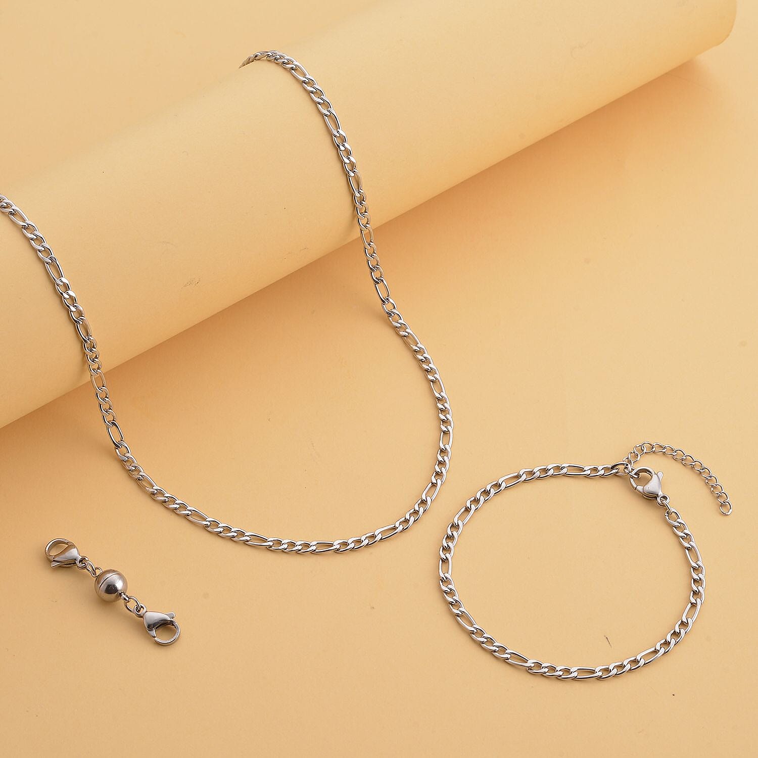 Set of 3 - Figaro Necklace (Size 24), Bracelet (Size 7.5 Inch) and Magnetic Lock in Stainless Steel