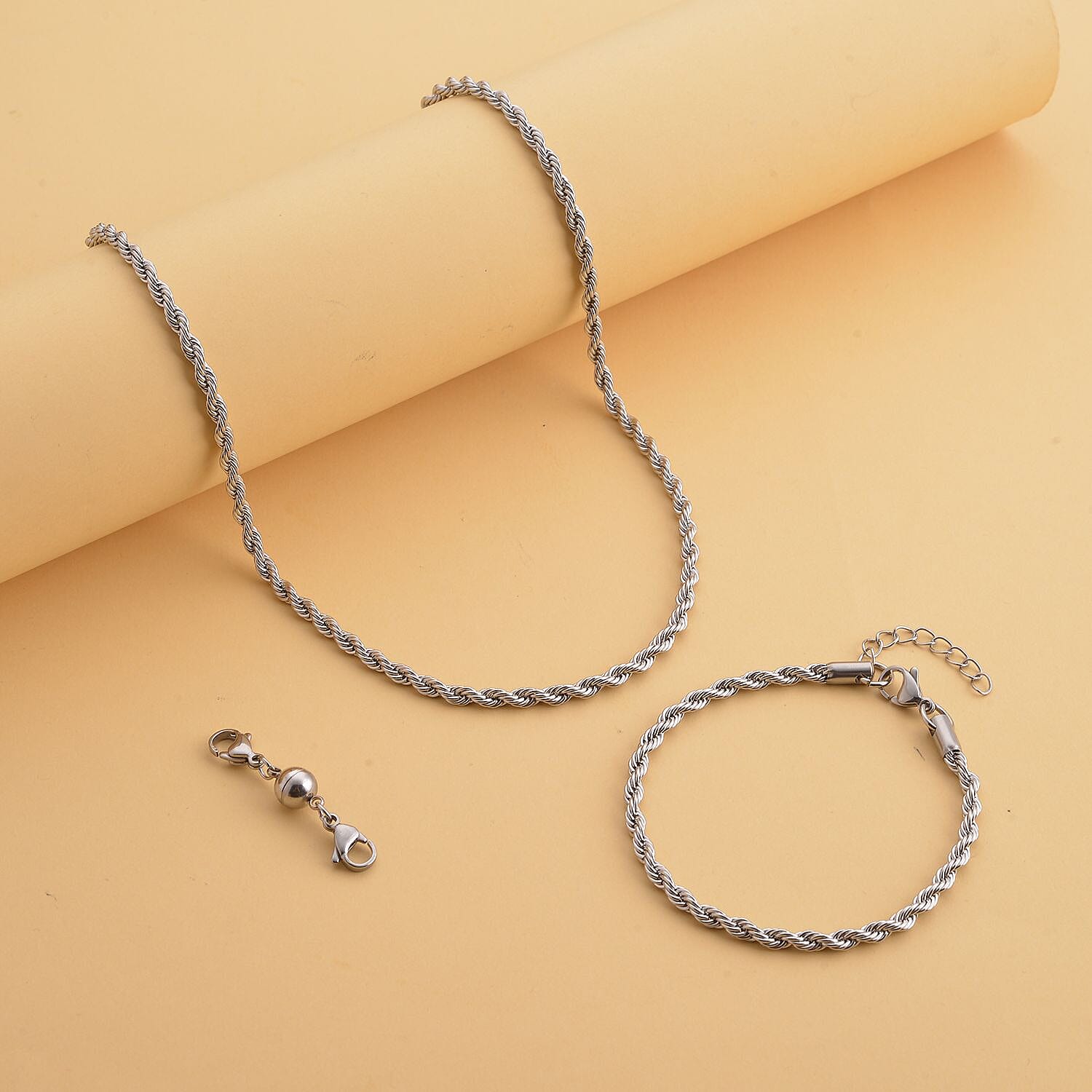 Set of 3 - Rope Necklace (Size 24), Bracelet (Size 7.5  In) and Magnetic Lock in Stainless Steel