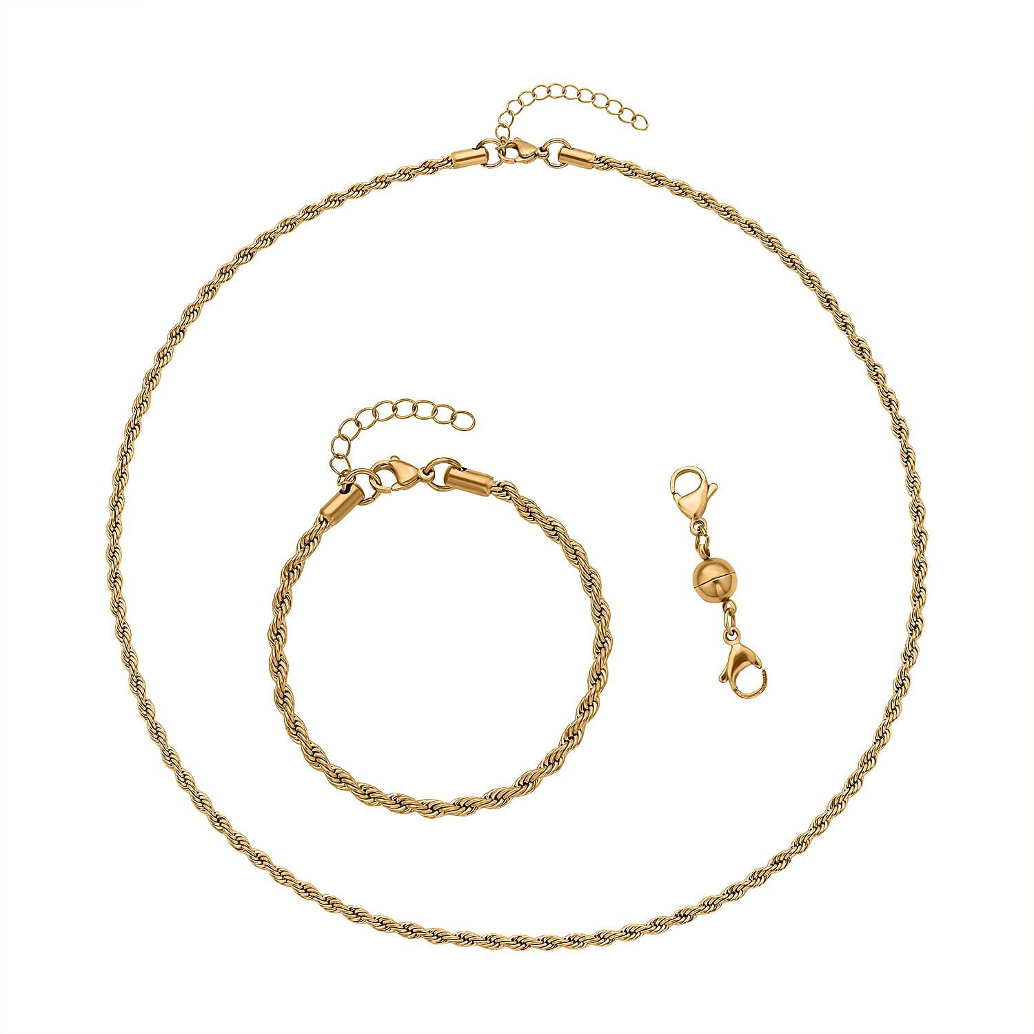 Set of 3 - Rope Necklace (Size 24), Bracelet (Size 7.5  In) and Magnetic Lock in Stainless Steel with Yellow Gold