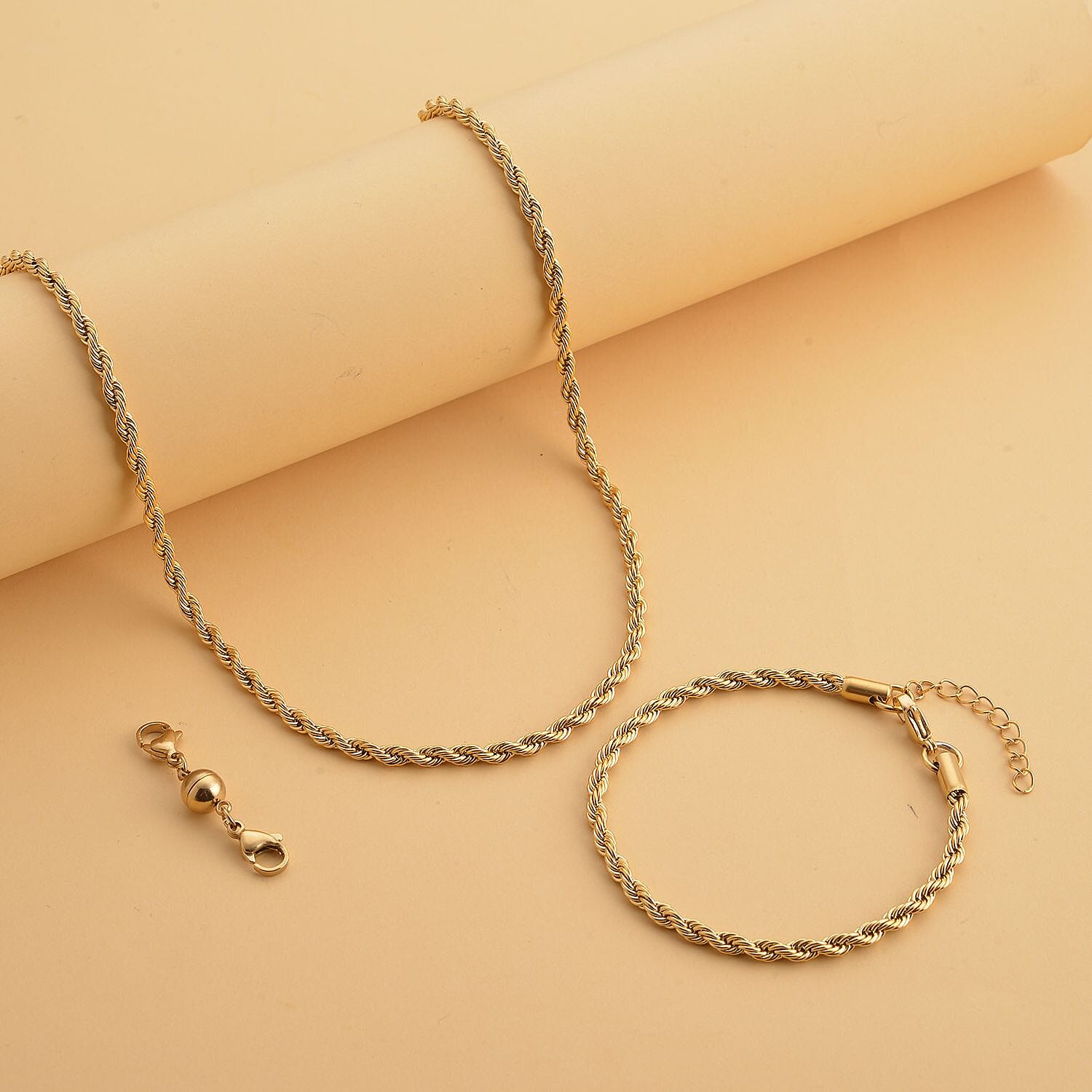 Set of 3 - Rope Necklace (Size 24), Bracelet (Size 7.5  In) and Magnetic Lock in Stainless Steel with Yellow Gold