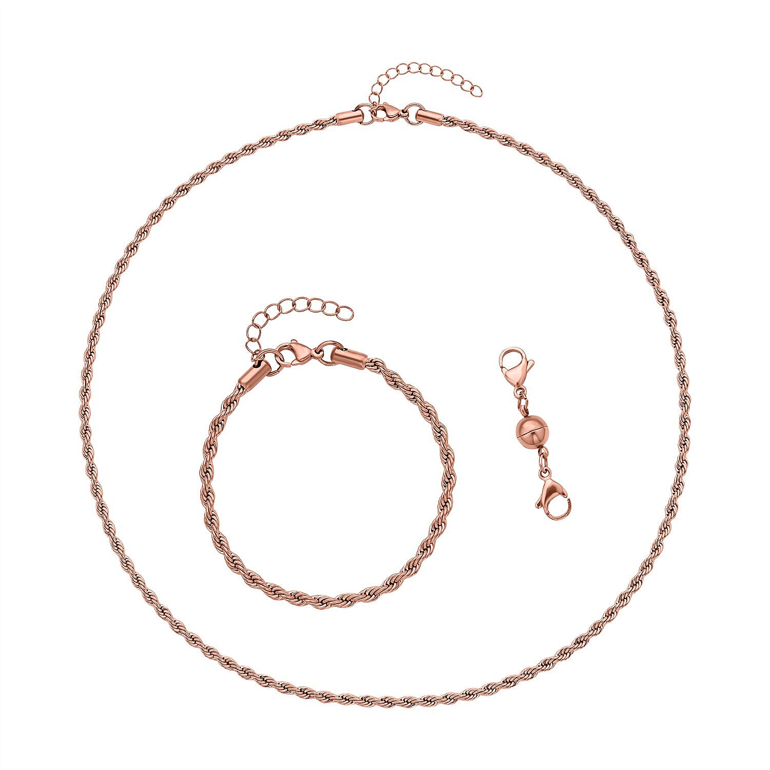 Set of 3 - Rope Necklace (Size 24), Bracelet (Size 7.5) and Magnetic Lock in Stainless Steel with Rose Gold
